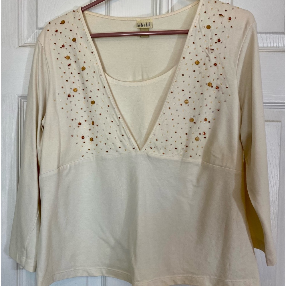 Linden Hill Layered Look, Long-Sleeve top. Cream, Beaded Detail